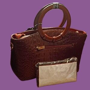 Elegant Dark Honey Brown Crocodile Embossed Handbag Wallet Set